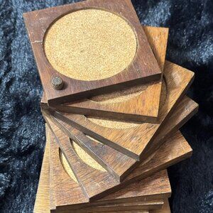 Vintage Wooden & Cork Square Drink Coasters From Japan Set Of 8